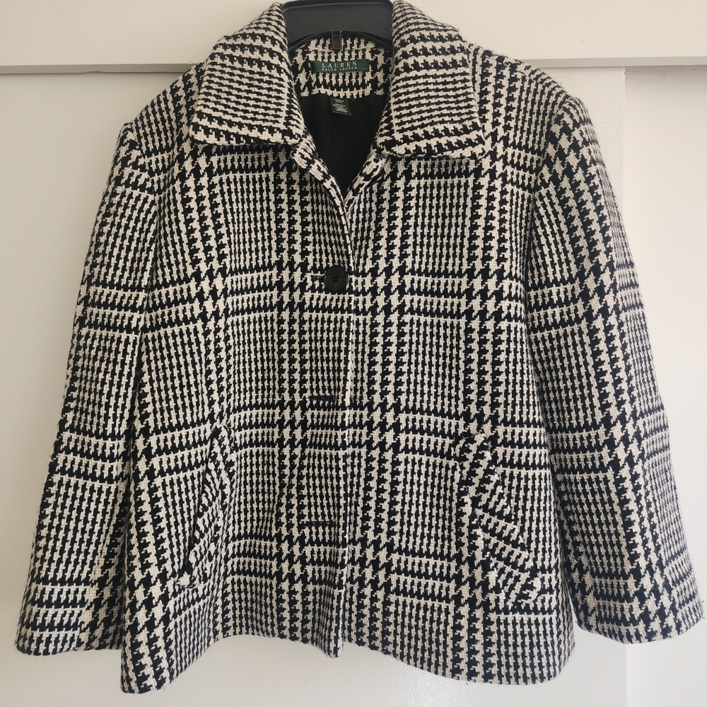 Lauren Ralph Lauren Houndstooth Wool Blend Cropped Pea Coat Black White - Picture 5 of 13